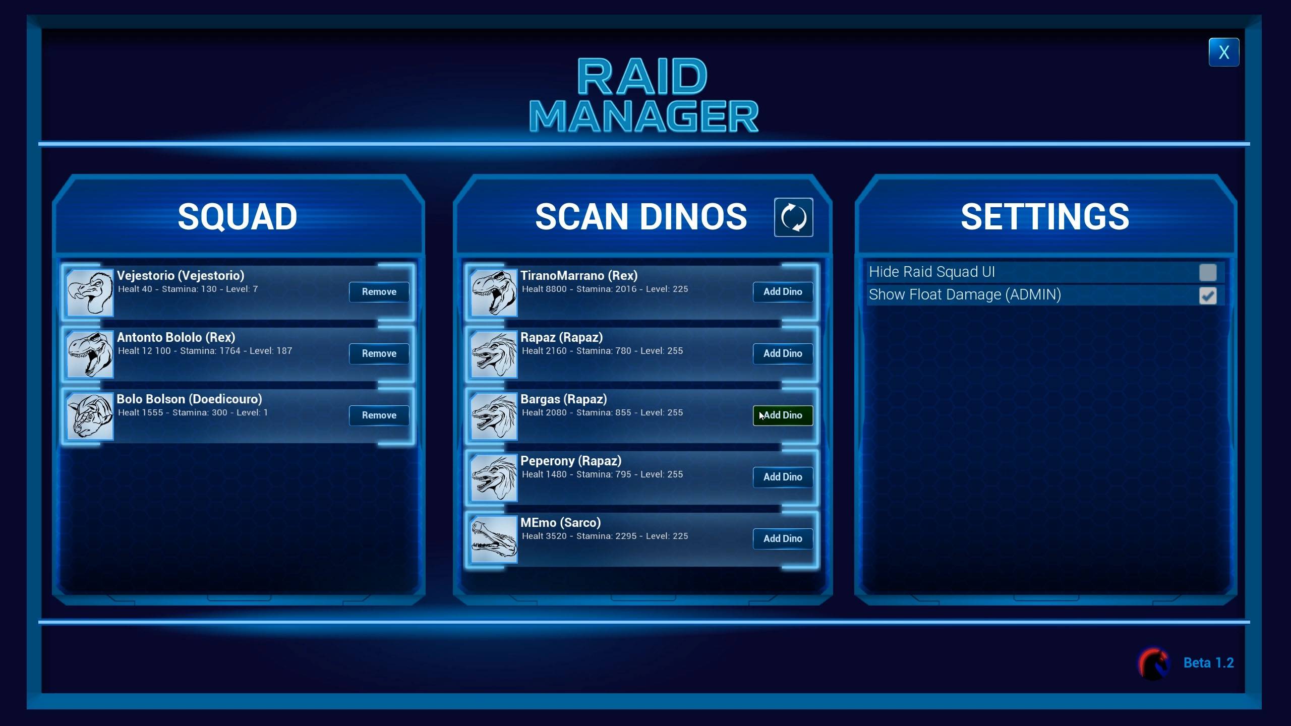 Thumbnail Panel for creating squads and monitoring the vital stats of your combat dinos; it also allows the admin to enable a lighter floating damage system on screen.