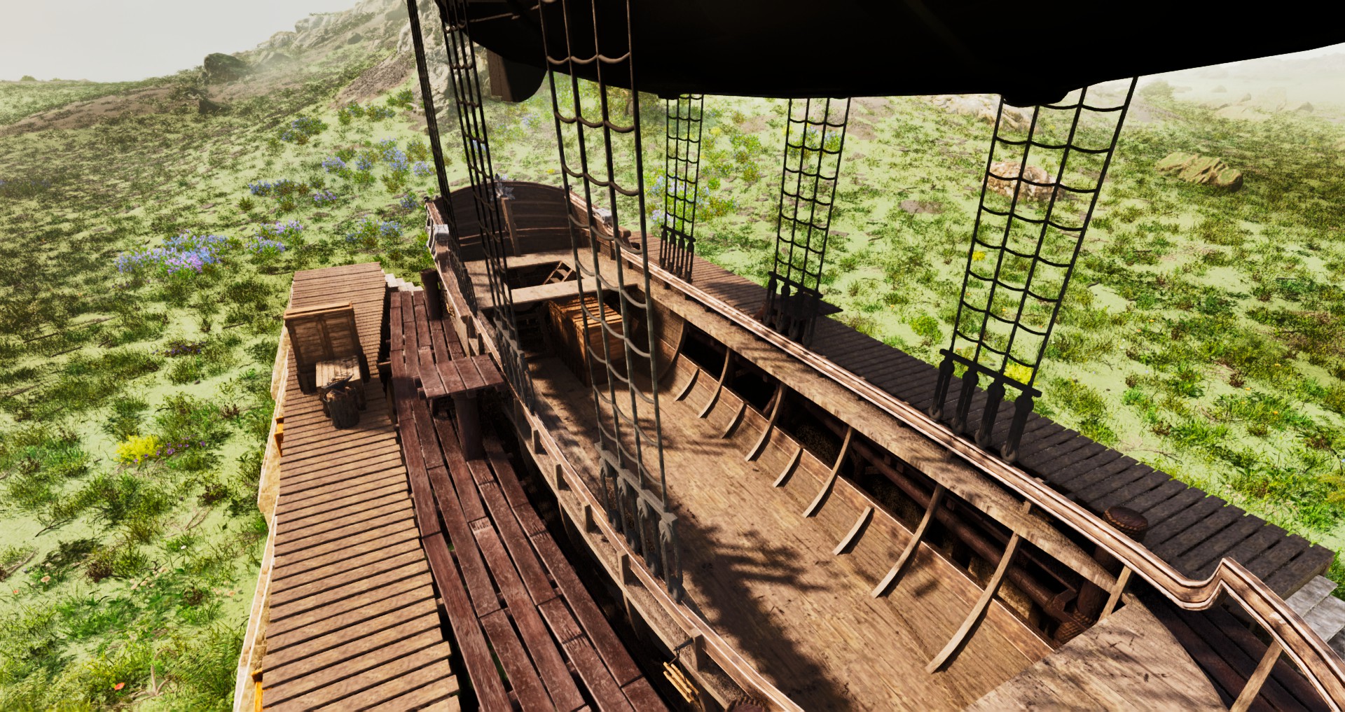 Thumbnail An unfinished schooner, with some planks and other structures already in place