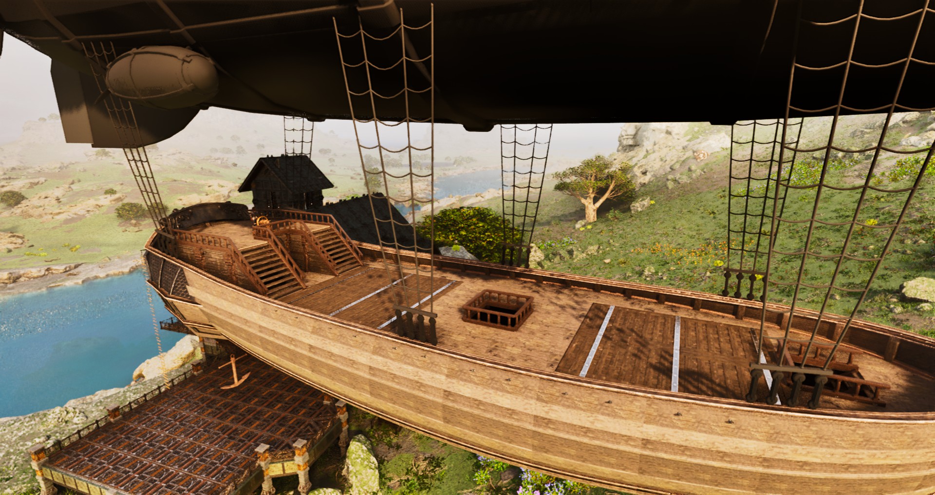 Thumbnail A fully built brigantine, raising it's anchor & ladders to depart